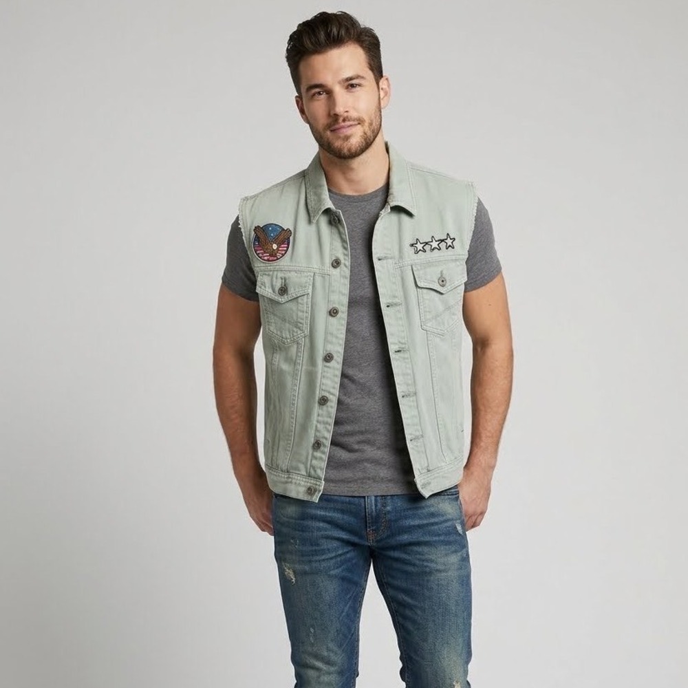 Ring of Fire Mens Denim Vest Sage Green Patches Biker Americana XL Moto Punk